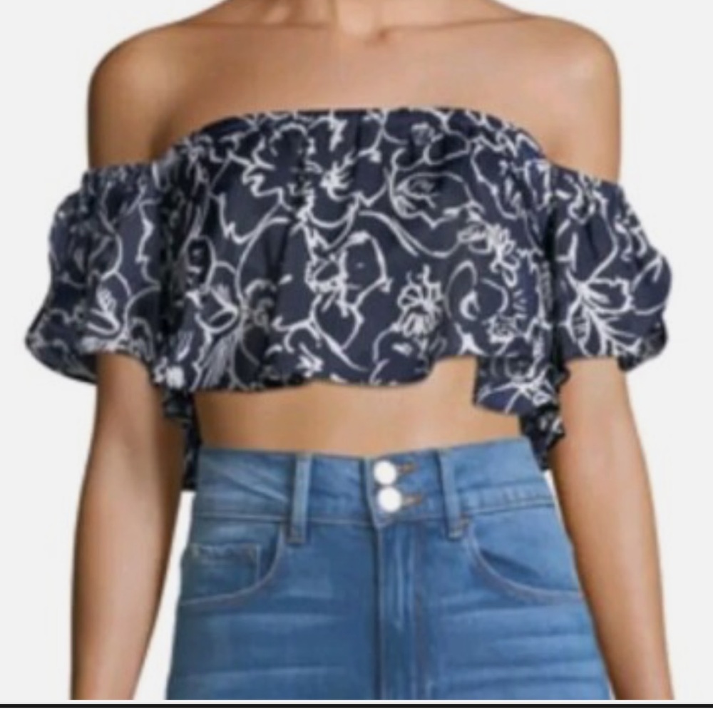 Misa Los Angeles Navy Floral Off-Shoulder Crop Top